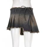 American Street High Waist Lace-Up Vintage Denim Skirt Irregular One Piece Pleated Skirt Sexy Miniskirt