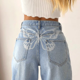 High Waist Trend Style Butterfly Print Denim Pants Women's Jeans