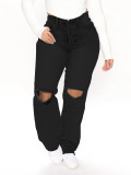 Pantalones de mezclilla rasgados rectos negros de moda para mujer
