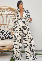 Damen Bedruckte Mode Top Plissee Hose mit weitem Bein Zweiteiliges Set