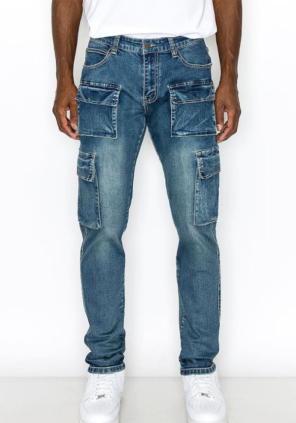 Pantalones vaqueros de mezclilla elásticos con bolsillo lateral para hombre
