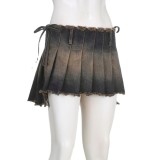 American Street High Waist Lace-Up Vintage Denim Skirt Irregular One Piece Pleated Skirt Sexy Miniskirt