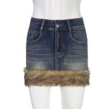 Fluffy Edge Wash Denim Retro Blue Stretch Falda Mujer Estilo Bodycon Minifalda