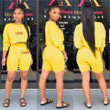 Customize Women Round Neck Long Sleeve Top and Shorts Two-Piece Set