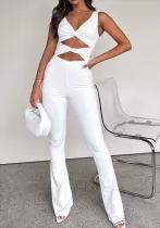 Women Solid Color Slim Cut Out Knot Bell Bottom Jumpsuit