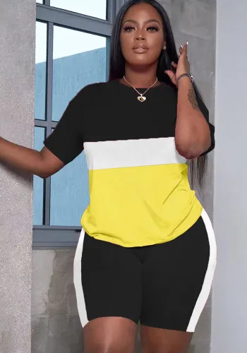 Women Color Block Short Sleeve Top and Shorts Sport Two-Piece Set