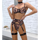Conjunto de lencería sexy con estampado de cebra transparente de malla para mujer