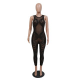 Women Sexy Sleeveless Sequins Round Neck See-Through Jumpsuit