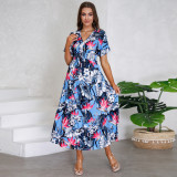 Women summer v-neck short-sleeved floral dress