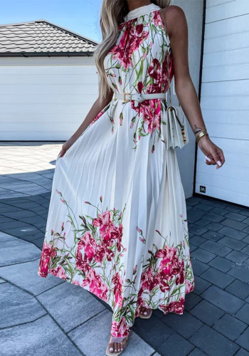 Summer Women's Fashion Print Halter Neck Sleeveless Pleated Swing Dress