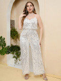 Plus Size Women's Solid Sequins Slim Fit Halter Neck Jumpsuit Straight Leg Pant Set