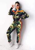 Women's Fashionable Camouflage Print Colorblock Long Zippered Two-Piece Suit