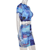 Conjunto de falda sexy de calle ajustada con estampado de verano de dos piezas para mujer