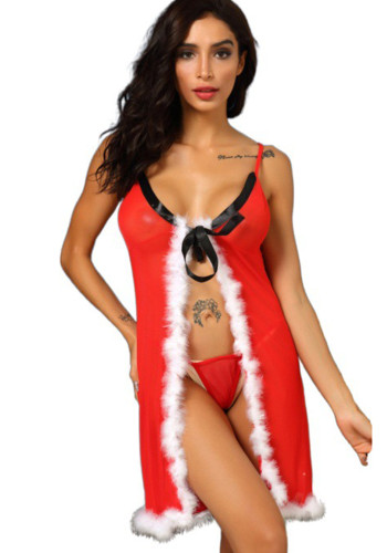 Plus Size Sexy Lingerie Önden Yırtmaçlı Noel Elbisesi