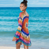 Blusa de playa de manga larga de color de ganchillo que hace punto traje de baño de bikini suelto hueco con Cover-Up para mujer