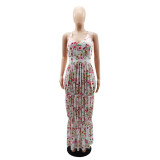 Sleeveless V-neck Low Back Printed Slim Dress Versatile Women's Strap Dress