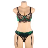 Plus Size Sexy Lingerie Green Hollow Lace Patchwork Sexy Bra Garter Set