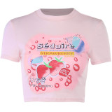 Camiseta básica de manga corta con estampado rosa y cuello redondo, tops cortos de moda de verano para mujer