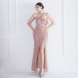 Velvet Sequin Magic Multi-Color One Shoulder Party Wedding Dinner Mermaid Long Evening Gown