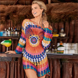 Вязаная крючком цветная пляжная блузка с длинными рукавами, вязаный полый свободный купальник бикини с накидкой для женщин