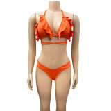 Traje de baño de encaje sexy de color sólido para damas de verano Bikini de tres piezas