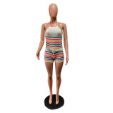 Suéter de verano para mujer Estampado de moda Espalda baja Cuello halter Top Bodycon Conjunto de pantalones ajustados