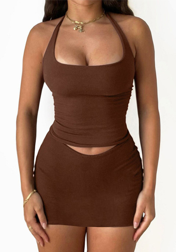 Conjunto de chaleco + falda de espalda baja con tirantes Cuello halter Ajuste ajustado Conjunto versátil Conjunto ajustado corto de dos piezas
