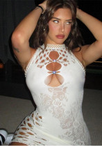 Sexy Club Style Damen Cutout Kurzer Rock Pullover Rundhalsausschnitt Ärmelloses eng anliegendes durchsichtiges Kleid
