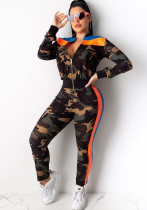Modischer Camouflage-Druck für Damen, Colorblock, langer, zweiteiliger Anzug mit Reißverschluss