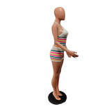 Suéter de verano para mujer Estampado de moda Espalda baja Cuello halter Top Bodycon Conjunto de pantalones ajustados
