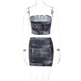 Conjunto de falda delgada con parte superior sin tirantes y estampado de moda de verano para mujer