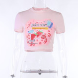 Camiseta básica de manga corta con estampado rosa y cuello redondo, tops cortos de moda de verano para mujer