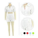 Women's Fashion Casual Solid Color Stacked Sleeve Shirt Shorts Set