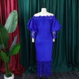 Vestido de talla grande con hombros descubiertos y patchwork de encaje elegante a la moda para mujer