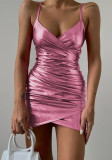 Vestido estilo neón con falda ceñida al cuerpo con camisola sexy plisada con cuello en V para mujer