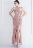 Velvet Sequin Magic Multi-Color One Shoulder Party Wedding Dinner Mermaid Long Evening Gown