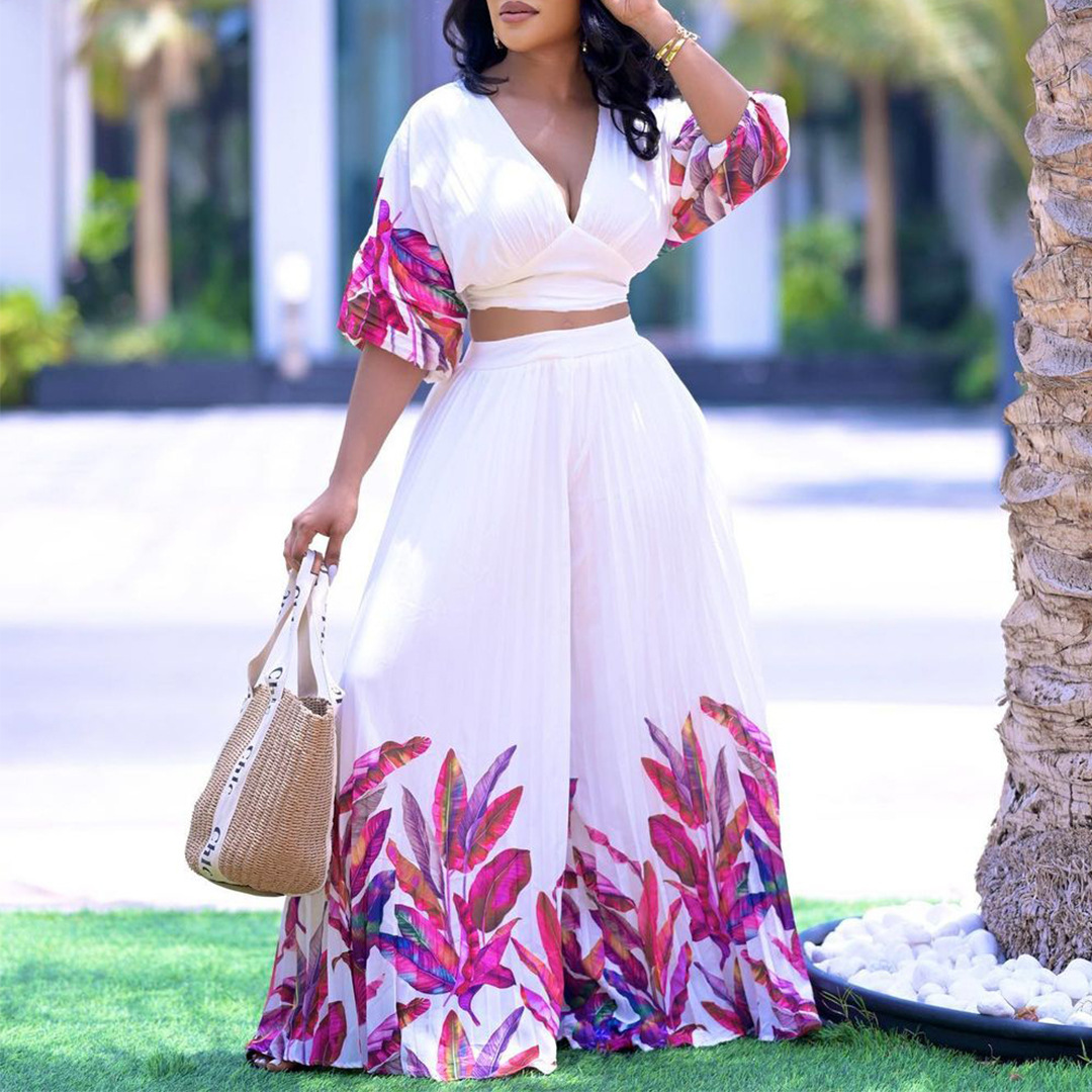 Printed Two Piece Womens Outfit: Casual Shirt And Wide Palazzo