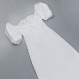 Vestido de encaje con manga abullonada y cuello cuadrado, vestido ajustado a la moda de estilo palaciego para mujer