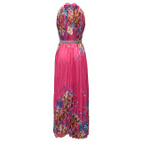 Summer Women's Fashion Print Halter Neck Sleeveless Pleated Swing Dress