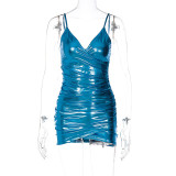 Vestido estilo neón con falda ceñida al cuerpo con camisola sexy plisada con cuello en V para mujer