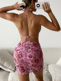 Triangle Cup Lace-Up Sexy Bikini Dreiteiliger Badeanzug mit Blumenmuster