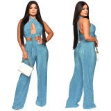 Sleeveless solid Halter Neck top Two Piece Casual Women's pants set