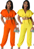 Ruffle Sleeve Crop Short turndown collar Shirt High Waist Casual Fashion pants Women's Two-piece Set