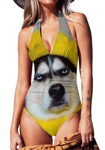 pet face print halter custom one piece swimsuit Women's Sexy customizable bathing suits with picture