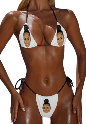 bikini da donna sexy con viso personalizzato in due pezzi con stampa di costumi da bagno personalizzati con immagini