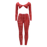 Women's Sexy Tight Fitting Mesh See-Through Print long sleeve crop top Trousers Two-Piece Set for Women