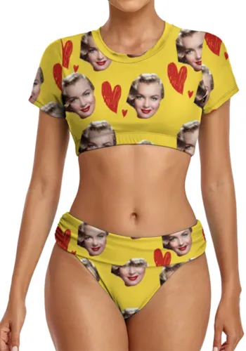 women's sexy two piece Short sleeve custom made swimsuits Face Print customised swimwear