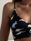 traje de baño bikini de dos piezas sexy de cintura alta con cuello en v y estampado de dinosaurio de dibujos animados negro con cuello en v