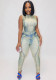 Ladies Summer Trend Denim Pattern Print Sleeveless Zipper Ladies Jumpsuit