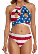米国の旗は​​顔の女性のセクシーな個人化されたカスタマイズ可能な水着が付いているツーピースの注文の水着を印刷します